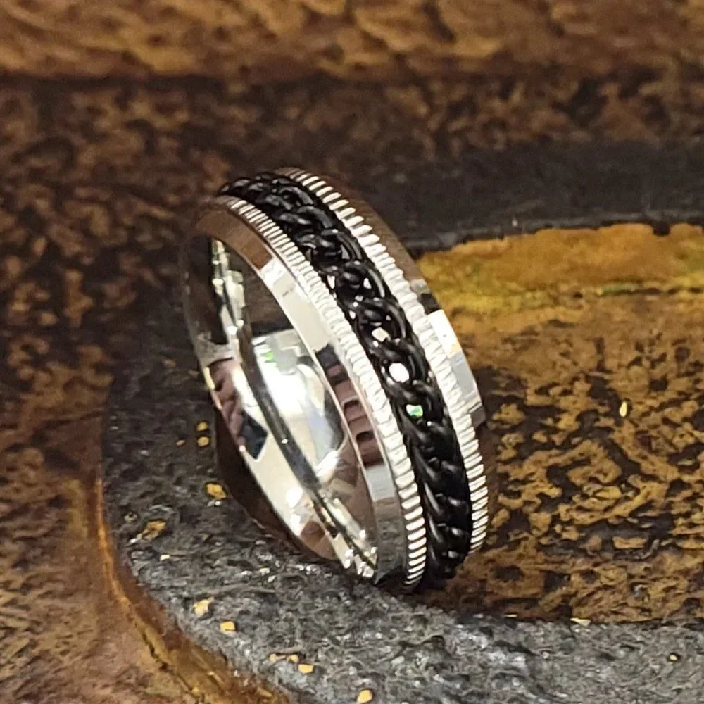 Men's Black Chain Fidget Spinner Wedding Band - Anxiety Ring for Men